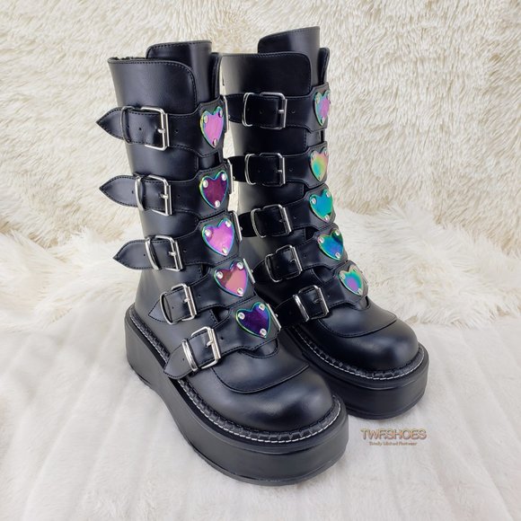Demonia Shoes Platform Heart Metal Plates Buckle Mid Calf Boots